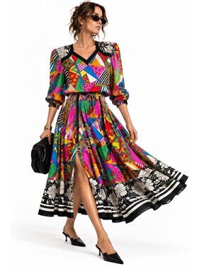 vintage 80s DIANE FREIS 2 PIECE SET 100% silk M L geometric maximalist statement
